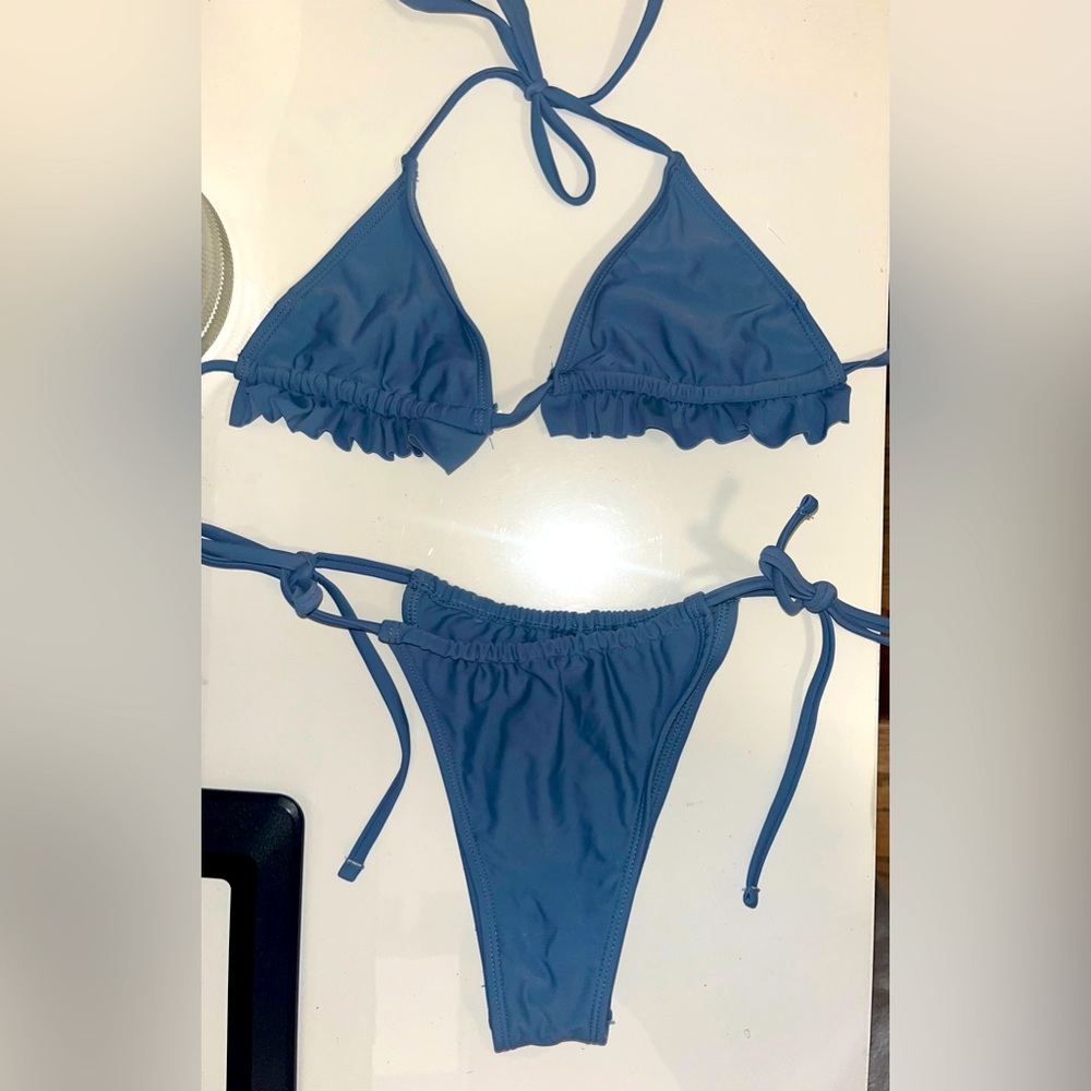 High waisted blue ruffled string bikini